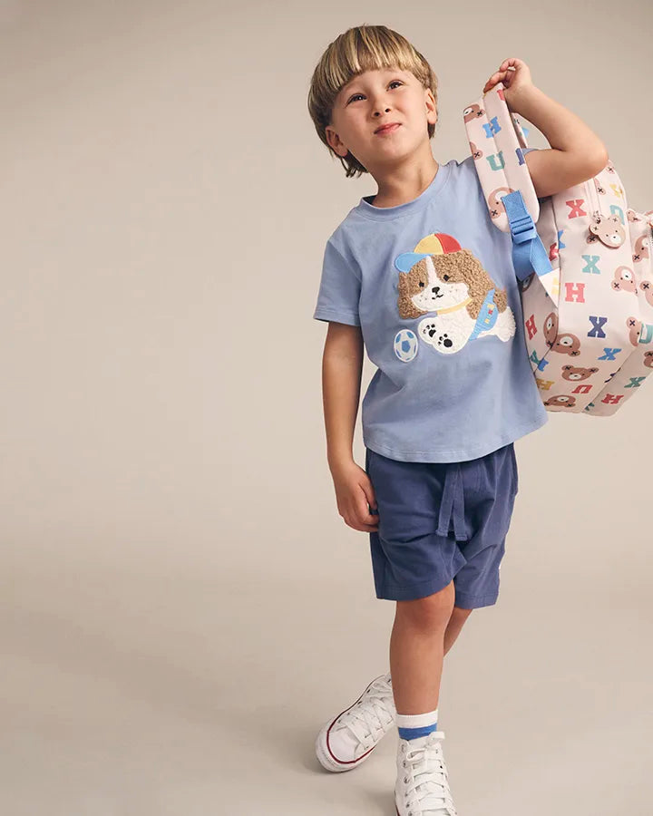 $55 HAPPY PUP T-SHIRT- STONE BLUE