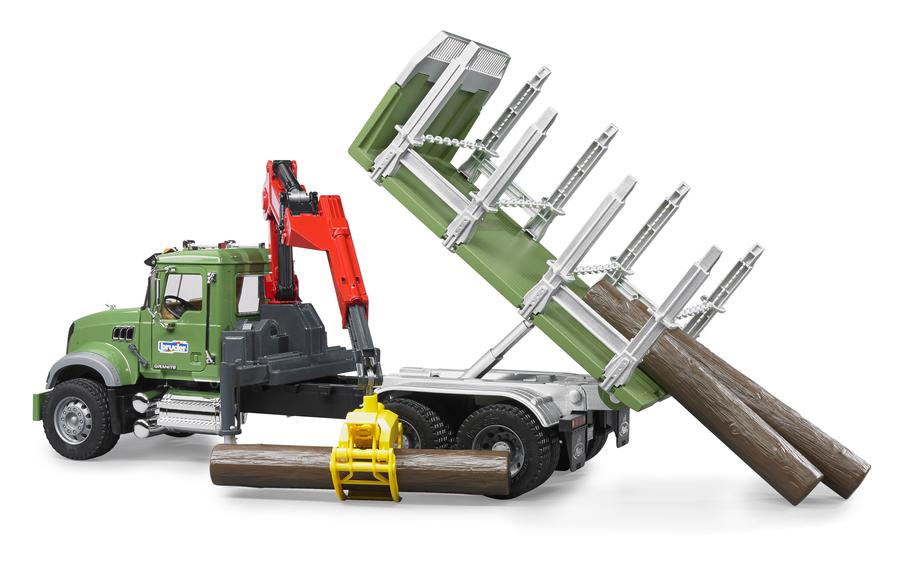 Bruder 02824 Mack Granite Timber Truck w/ Loading Crane and 3 Trunks