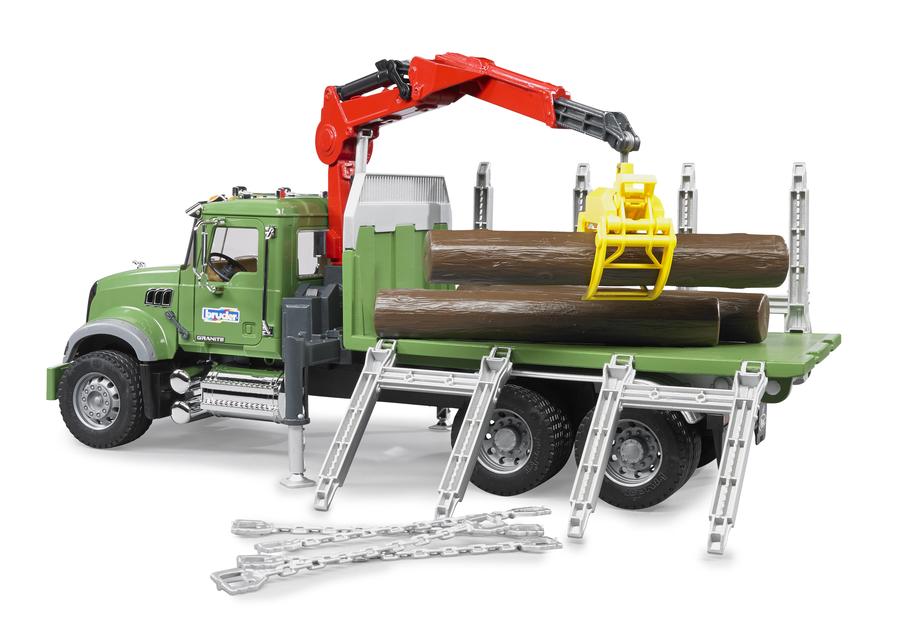 Bruder 02824 Mack Granite Timber Truck w/ Loading Crane and 3 Trunks
