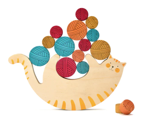 LONDJI Wooden Toys - Meow Balancing Game (1 Cat and 15 Yarn Balls)