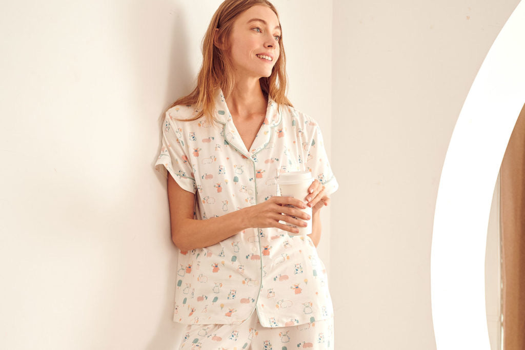Women’s Bamboo Jersey Short Sleeve Button-up PJ Set – Summer Graze