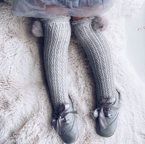 Grey Knee High Socks with Poms