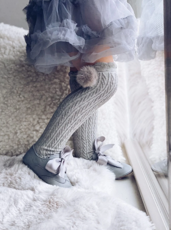 Grey Knee High Socks with Poms
