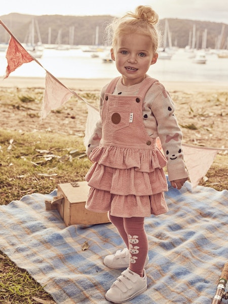 CORD OVERALL FRILL DRESS