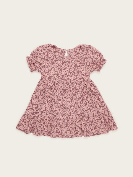 FLOWER BEAR TIERED PUFF SLEEVE DRESS
