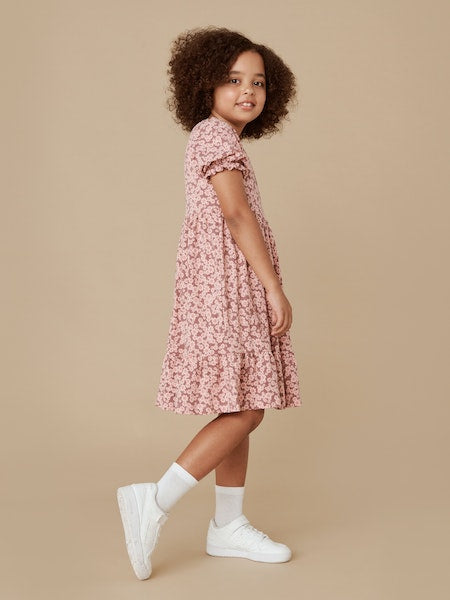FLOWER BEAR TIERED PUFF SLEEVE DRESS