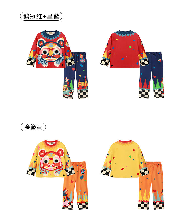 N401034 虎闹家居服-鹅冠红+星蓝 110cm