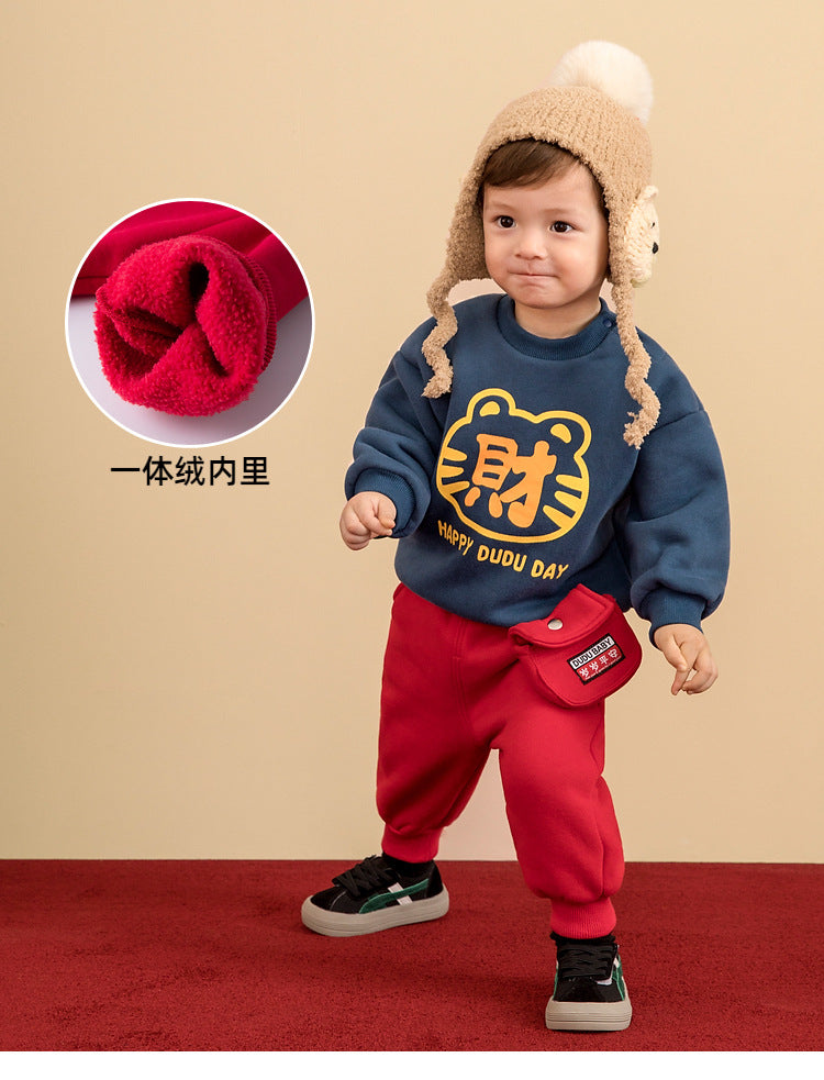 一体绒发财套头卫衣