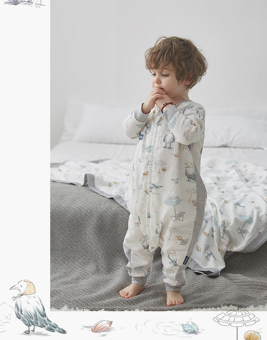 长袖四层纱布分腿侧罗纹睡袋 青鸟沙滩