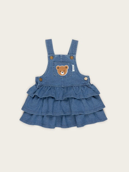 HUXBEAR KNIT DENIM FRILL OVERALL DRESS