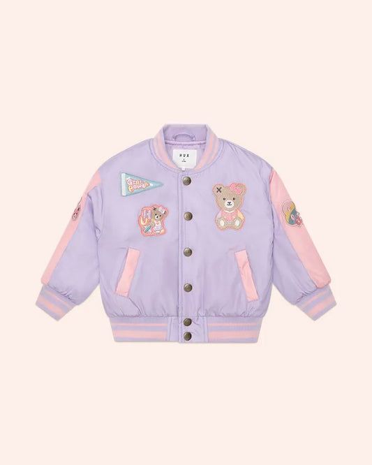 $115-120 ORCHID HUX COLLEGE VARSITY JACKET-ORCHID