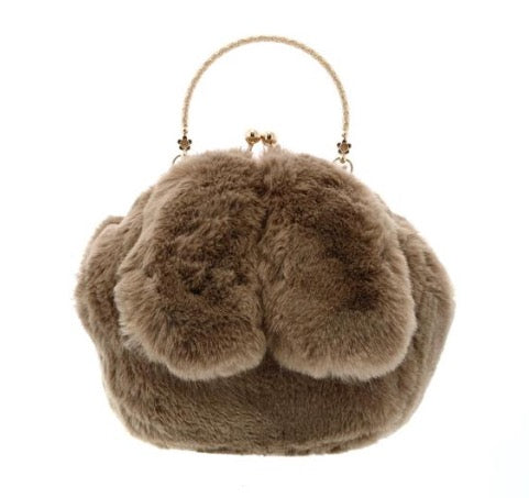 Furry Rabbit Ear Plush Purse - Brown