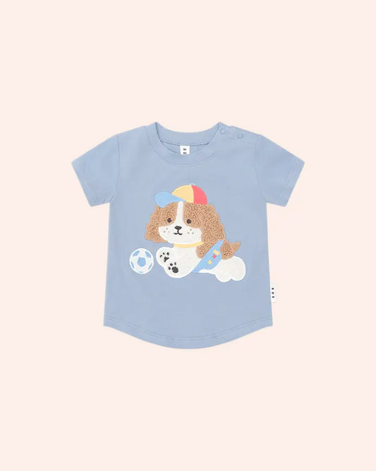 $55 HAPPY PUP T-SHIRT- STONE BLUE