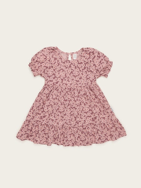 FLOWER BEAR TIERED PUFF SLEEVE DRESS