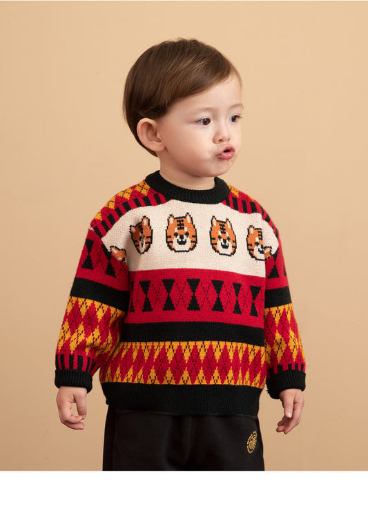 圆领套头花色老虎毛衣