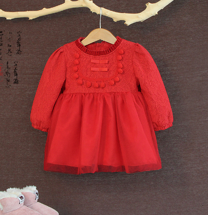 纯红色圆领纱裙年服